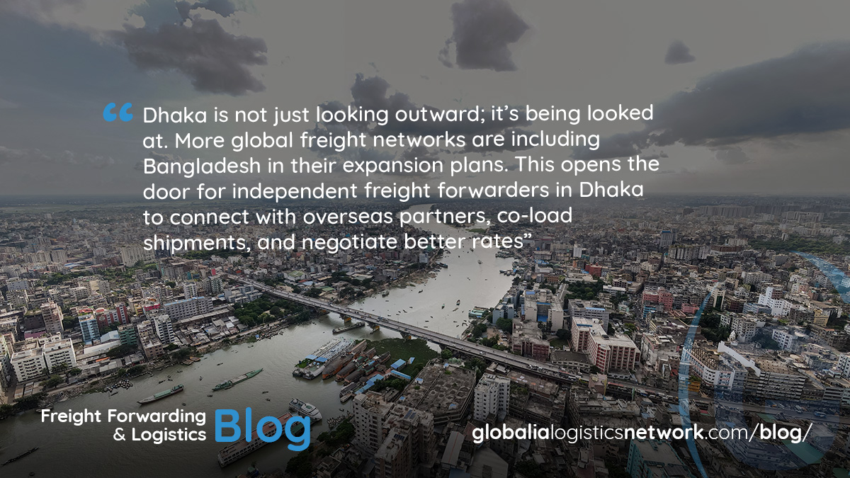 aerial view of dhaka with quote from blog about freight forwarding in Dhaka