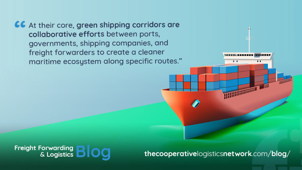 image of container ship with quote about the importance of green shipping corridors